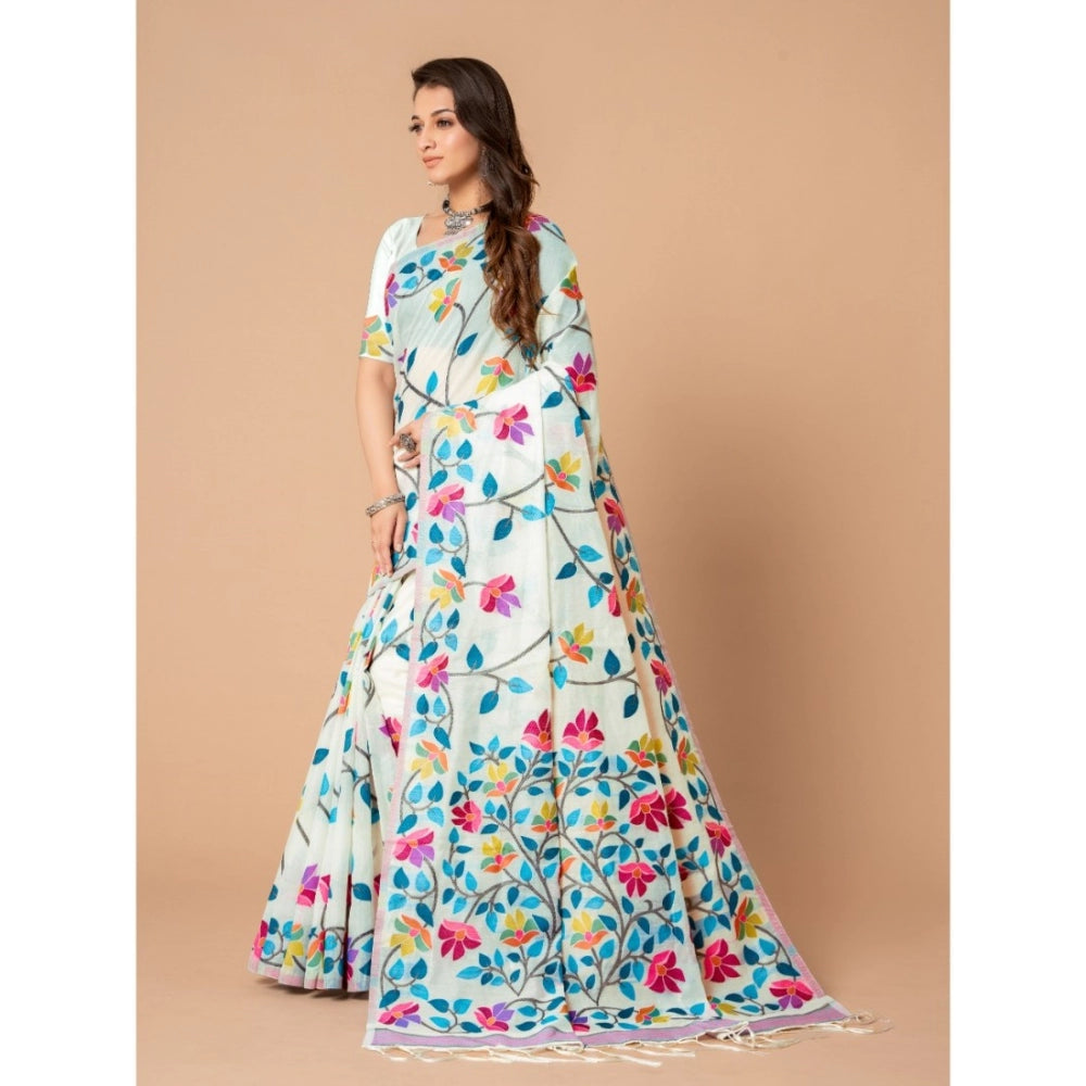 pkrkart Women's Cotton Printed Saree With Unstitched Blouse (White, 5-6 Mtrs)