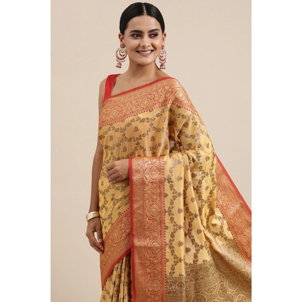 pkrkart Women's Chanderi Cotton Printed Saree With Unstitched Blouse (Yellow, 5-6 Mtrs)