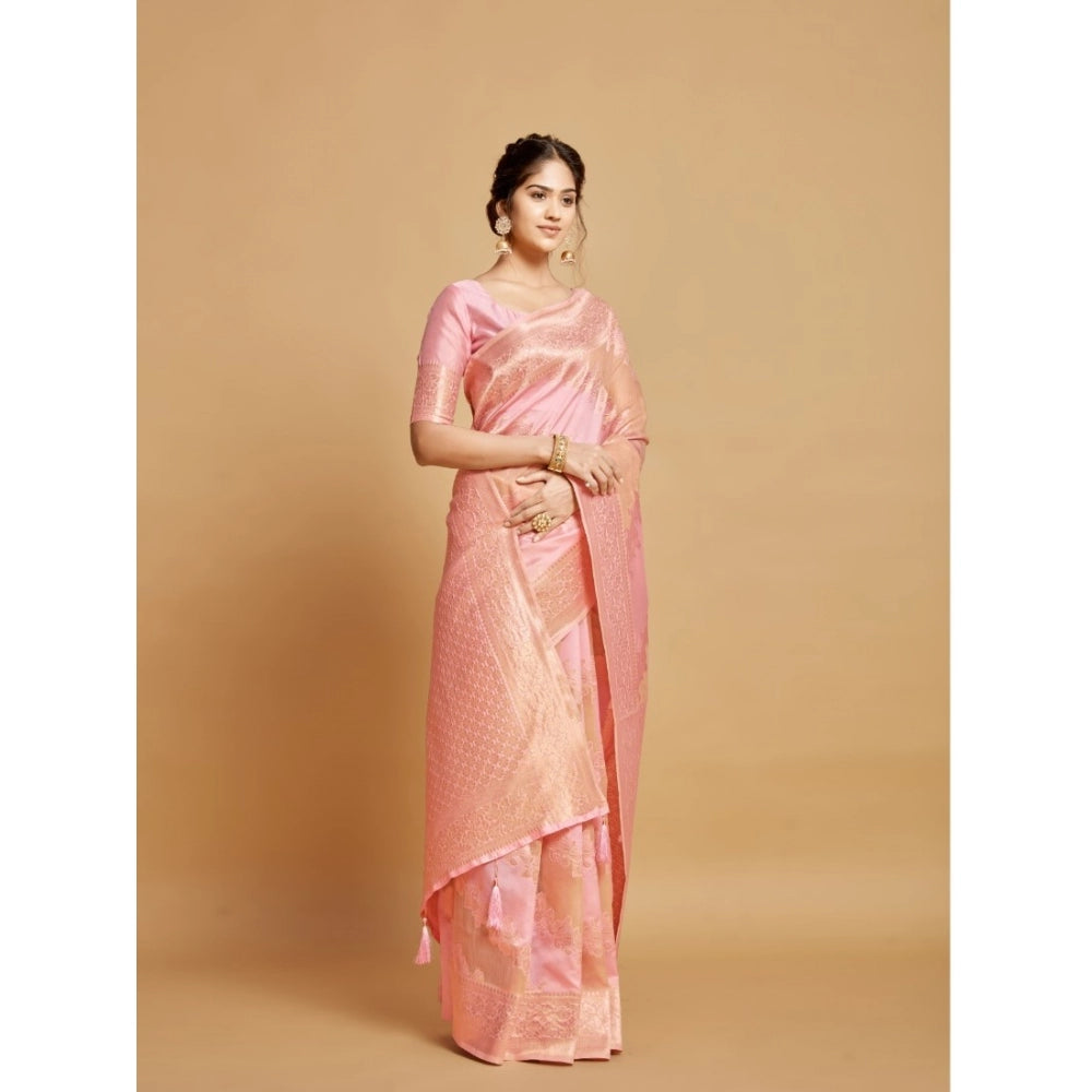 pkrkart Women's Linen Printed Saree With Unstitched Blouse (Pink, 5-6 Mtrs)