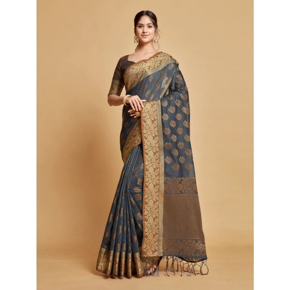 pkrkart Women's Chanderi Cotton Printed Saree With Unstitched Blouse (Grey, 5-6 Mtrs)