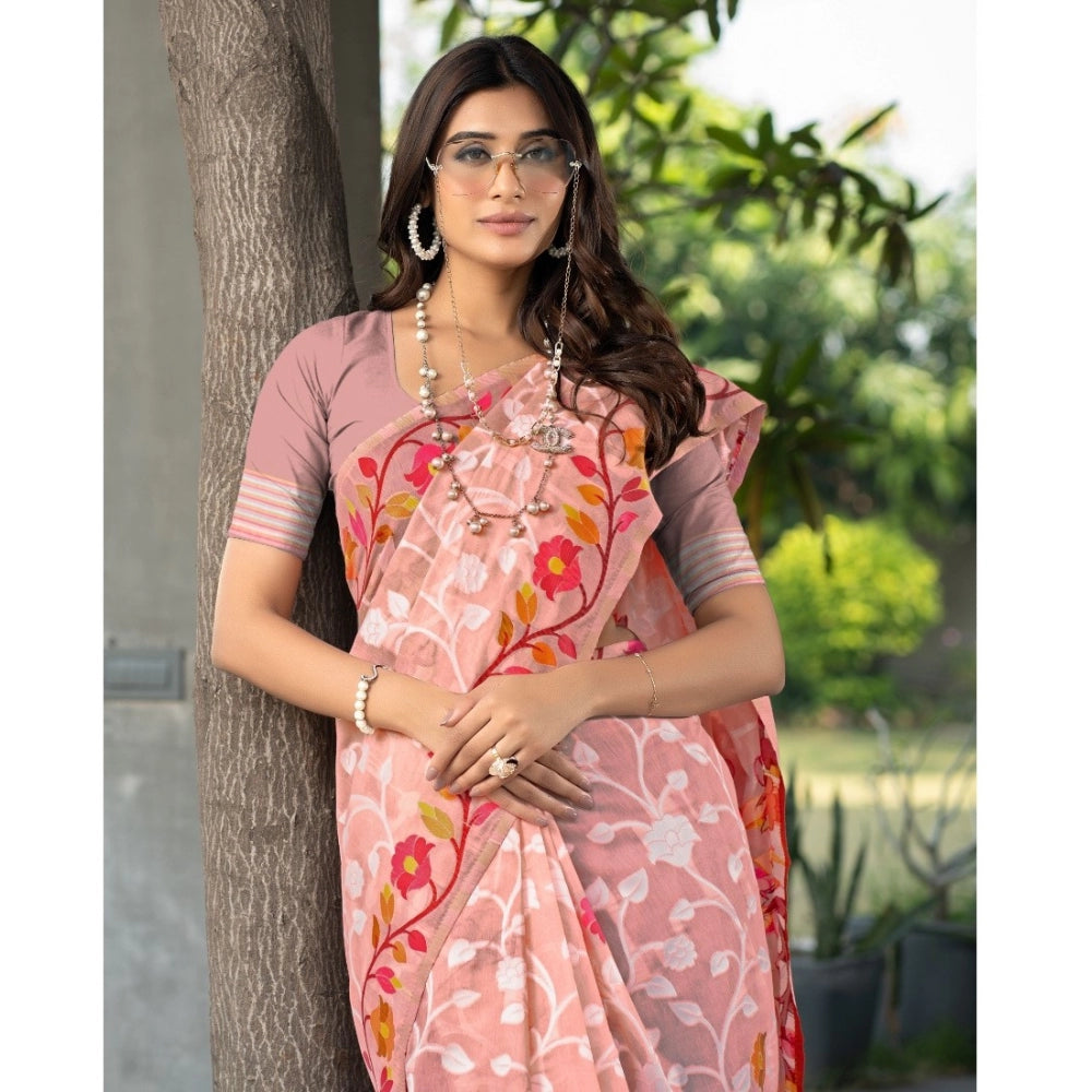 pkrkart Women's Cotton Printed Saree With Unstitched Blouse (Peach, 5-6 Mtrs)