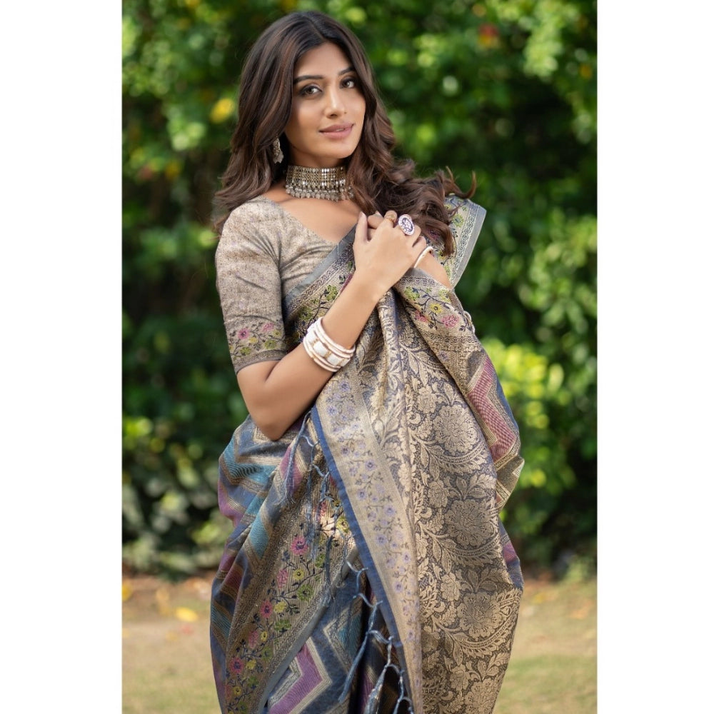 pkrkart Women's Organza Printed Saree With Unstitched Blouse (Teal, 5-6 Mtrs)