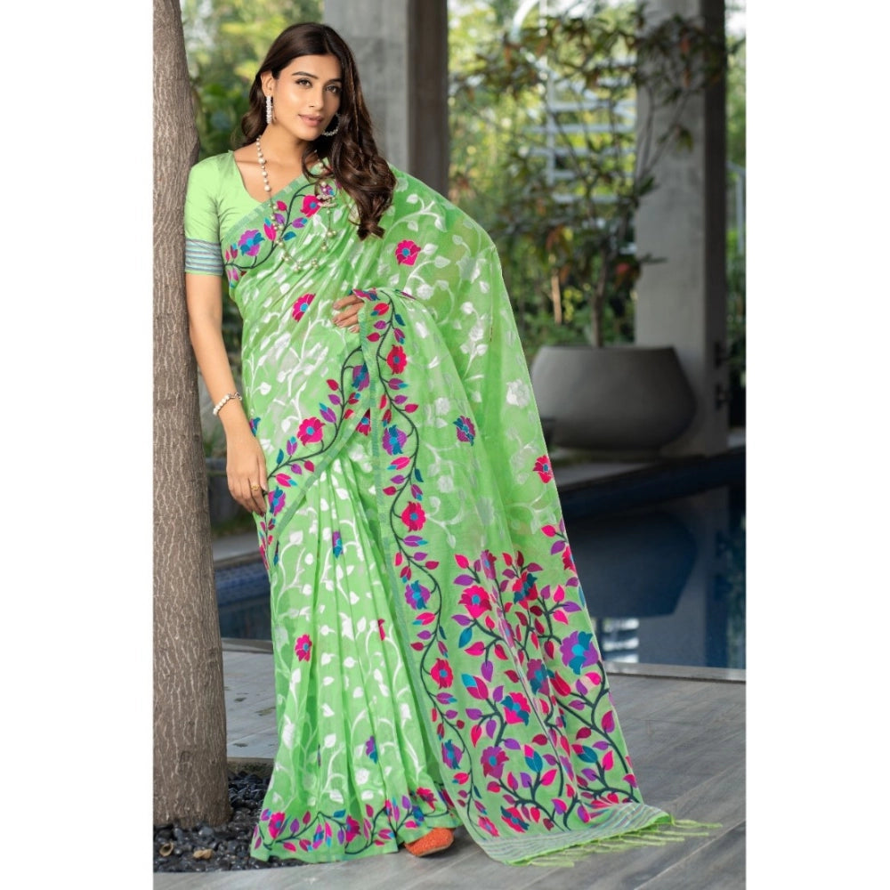 pkrkart Women's Cotton Printed Saree With Unstitched Blouse (Green, 5-6 Mtrs)