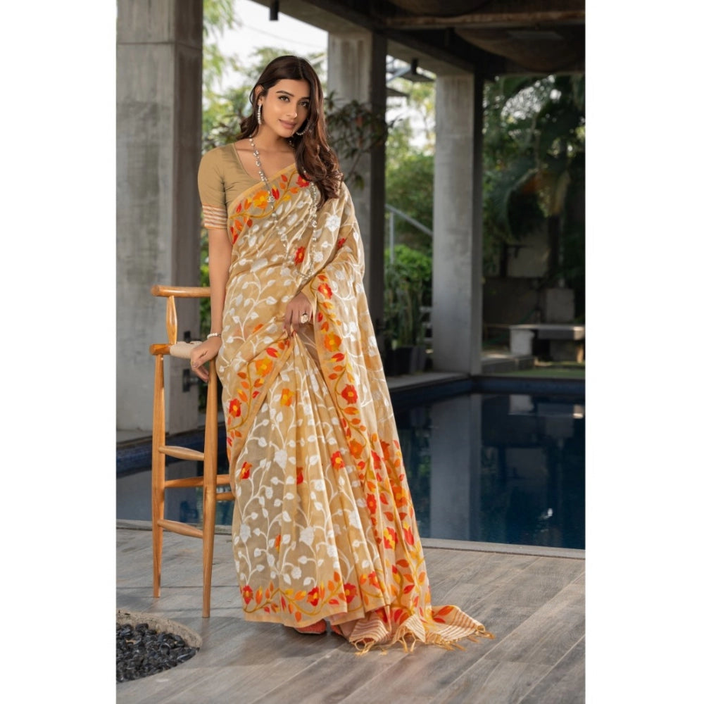 pkrkart Women's Cotton Printed Saree With Unstitched Blouse (Beige, 5-6 Mtrs)