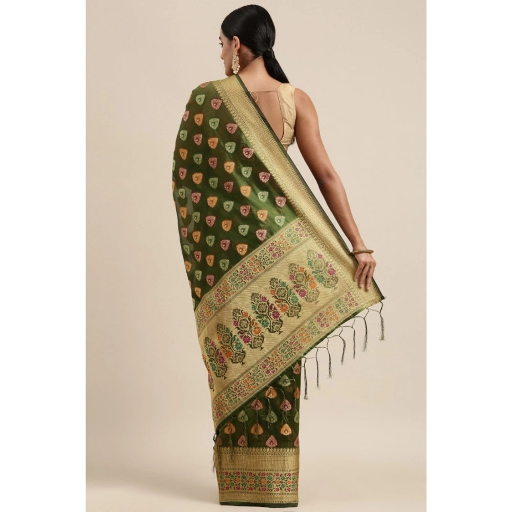 pkrkart Women's Organza Printed Saree With Unstitched Blouse (Mahendi, 5-6 Mtrs)