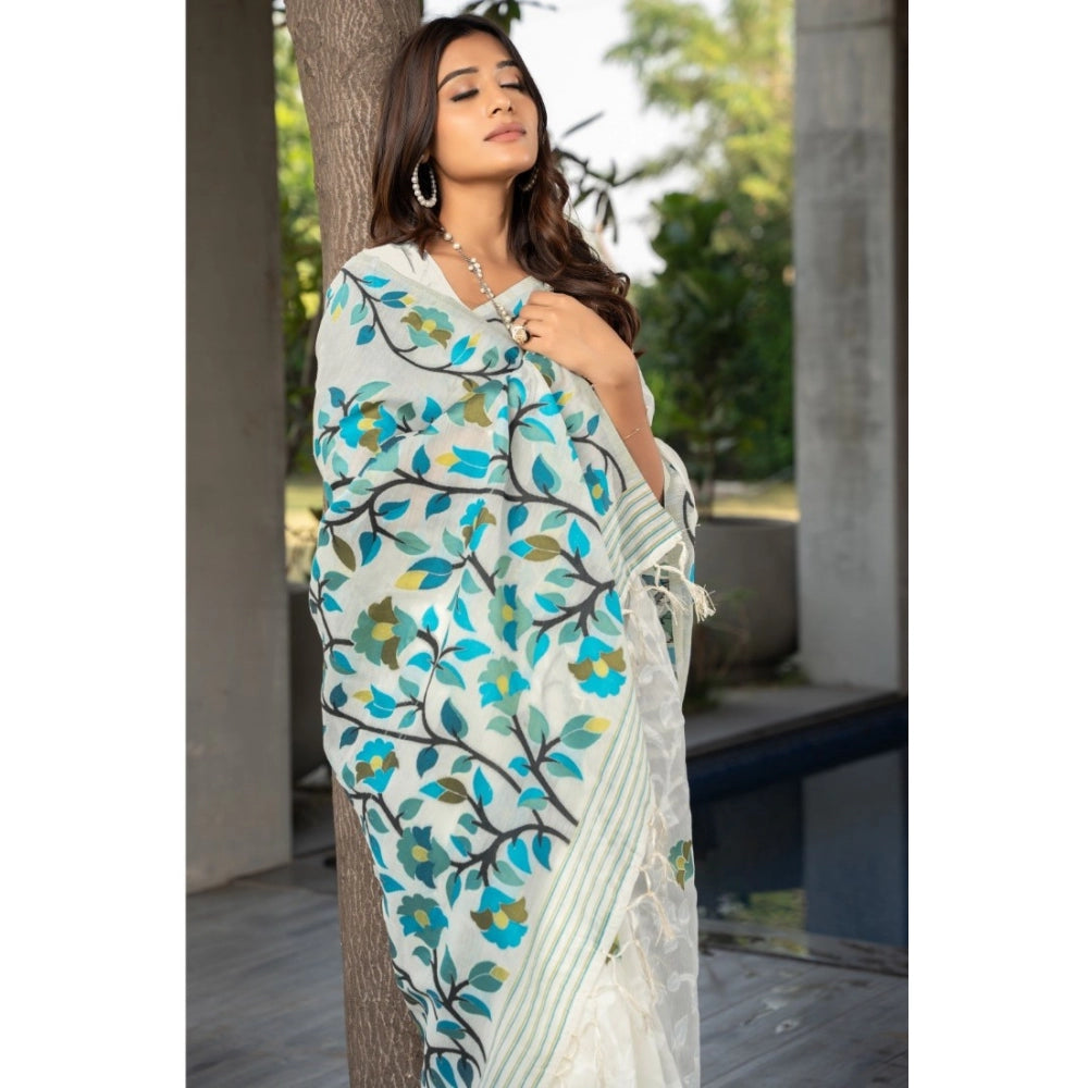 pkrkart Women's Cotton Printed Saree With Unstitched Blouse (White, 5-6 Mtrs)