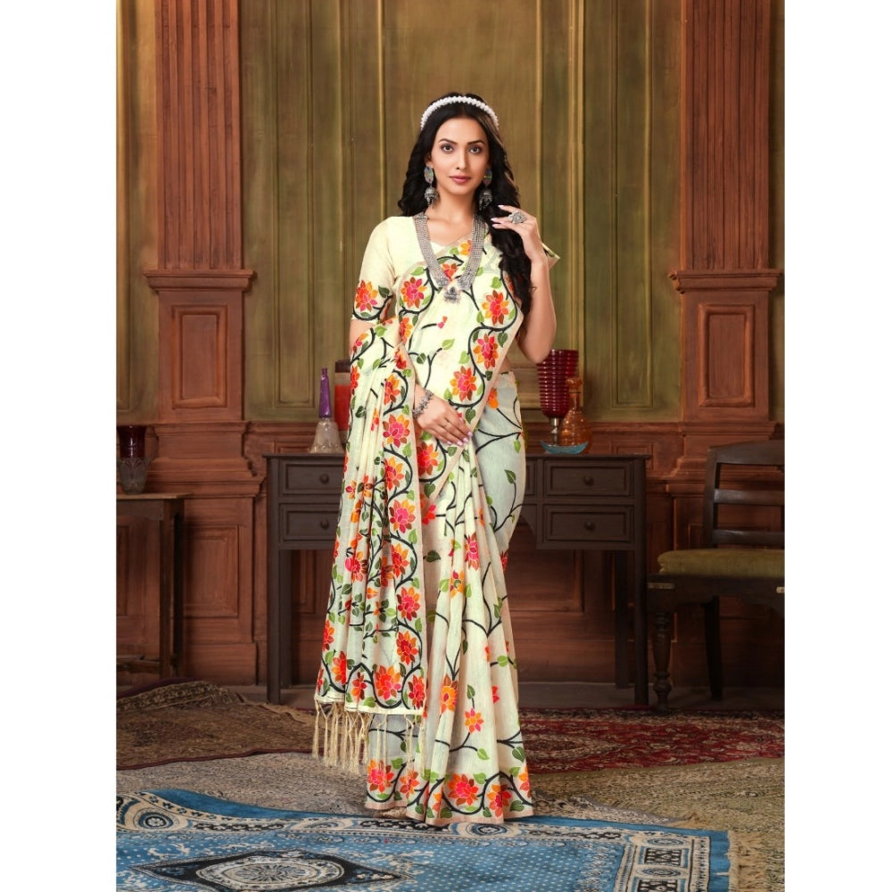 pkrkart Women's Organza Printed Saree With Unstitched Blouse (White, 5-6 Mtrs)