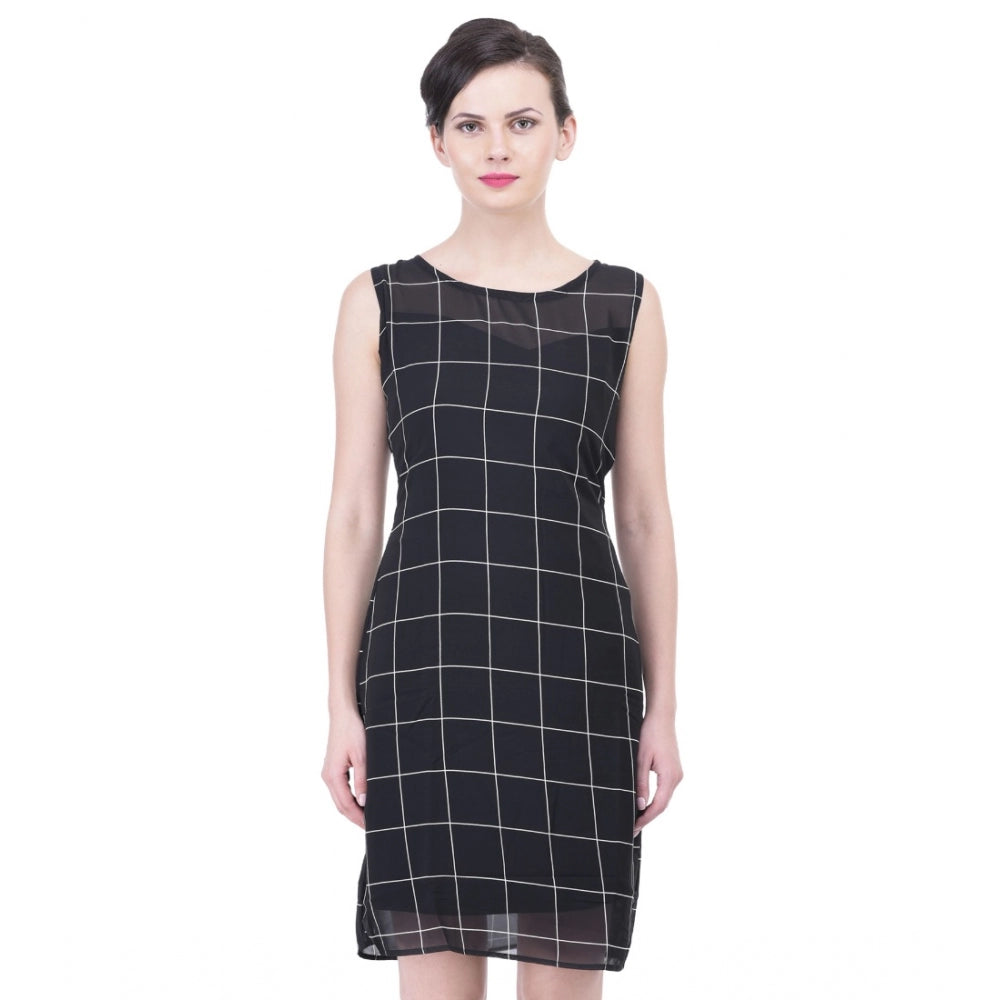 PKRKART Women's Cotton Blend Checked Sleeveless Sheath Dress (Black)