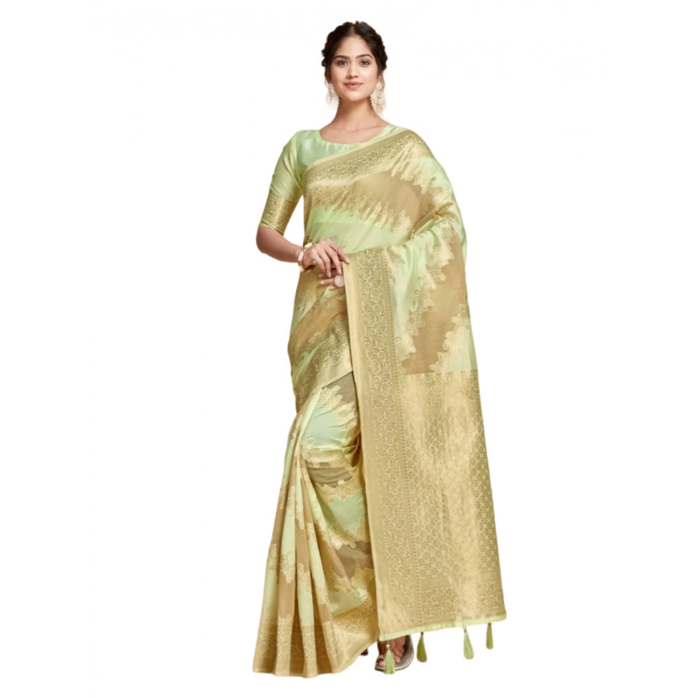 pkrkart Women's Linen Printed Saree With Unstitched Blouse (Pista, 5-6 Mtrs)