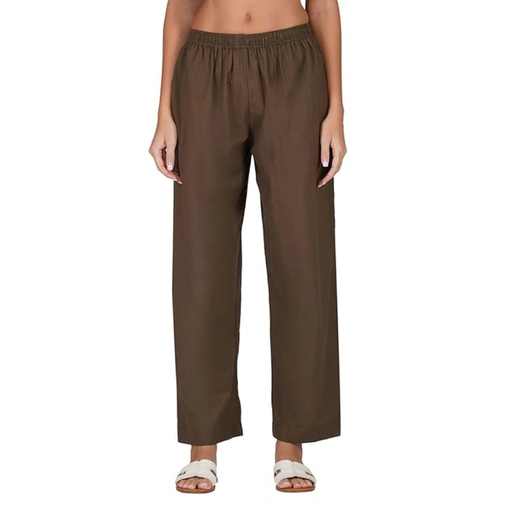 pkrkart Women's Casual Cotton Cambric Solid Elastic Palazzo Trousers (Brown)