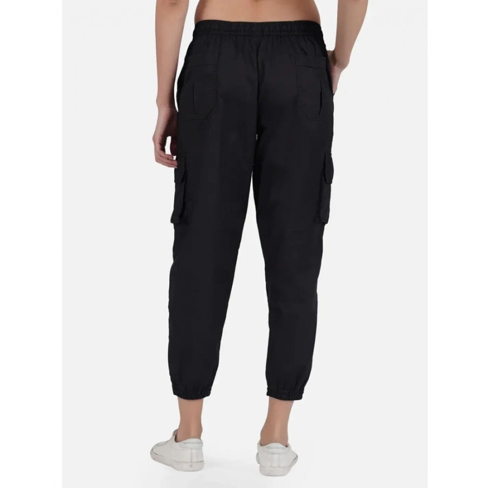 pkrkart Women's Casual Cotton Solid Elastic with Drawstring Cargo Pants (Black)
