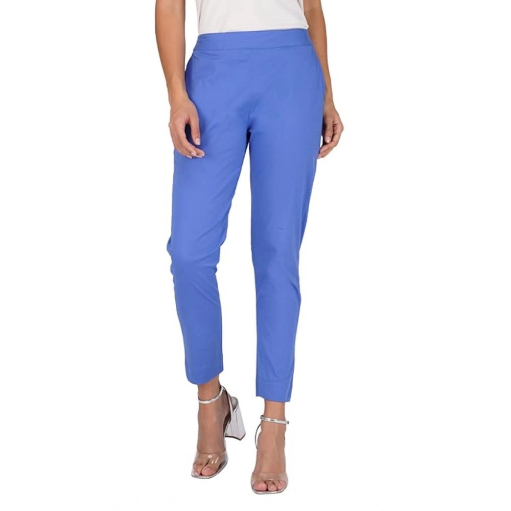 pkrkart Women's Casual Cotton Lycra Solid Trouser Pants (Blue)