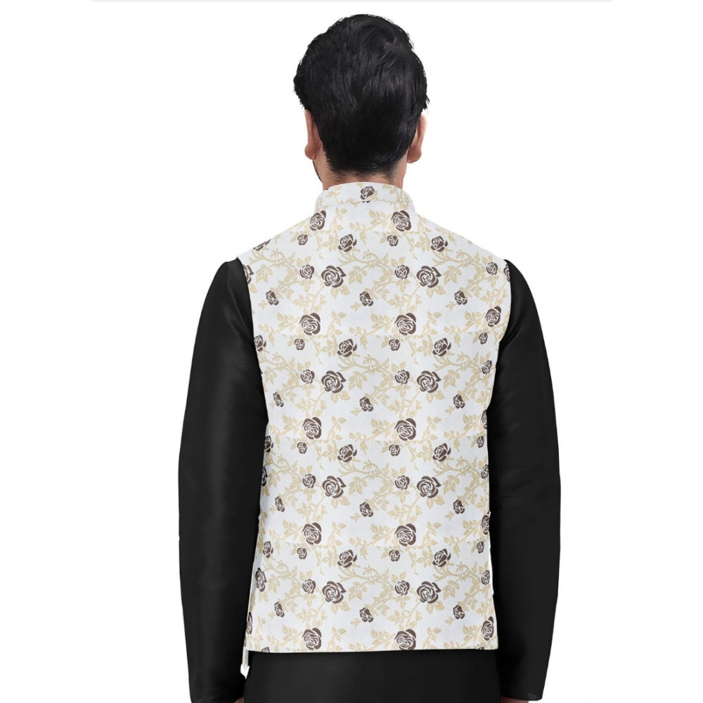 PKRKART Men's Jacquard Printed Full Sleeve Waistcoat (Beige)