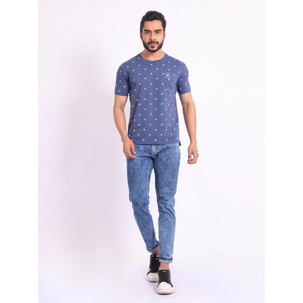 PKRKART Men's Casual Cotton Printed Round Neck Half Sleeve T-Shirt (Blue)