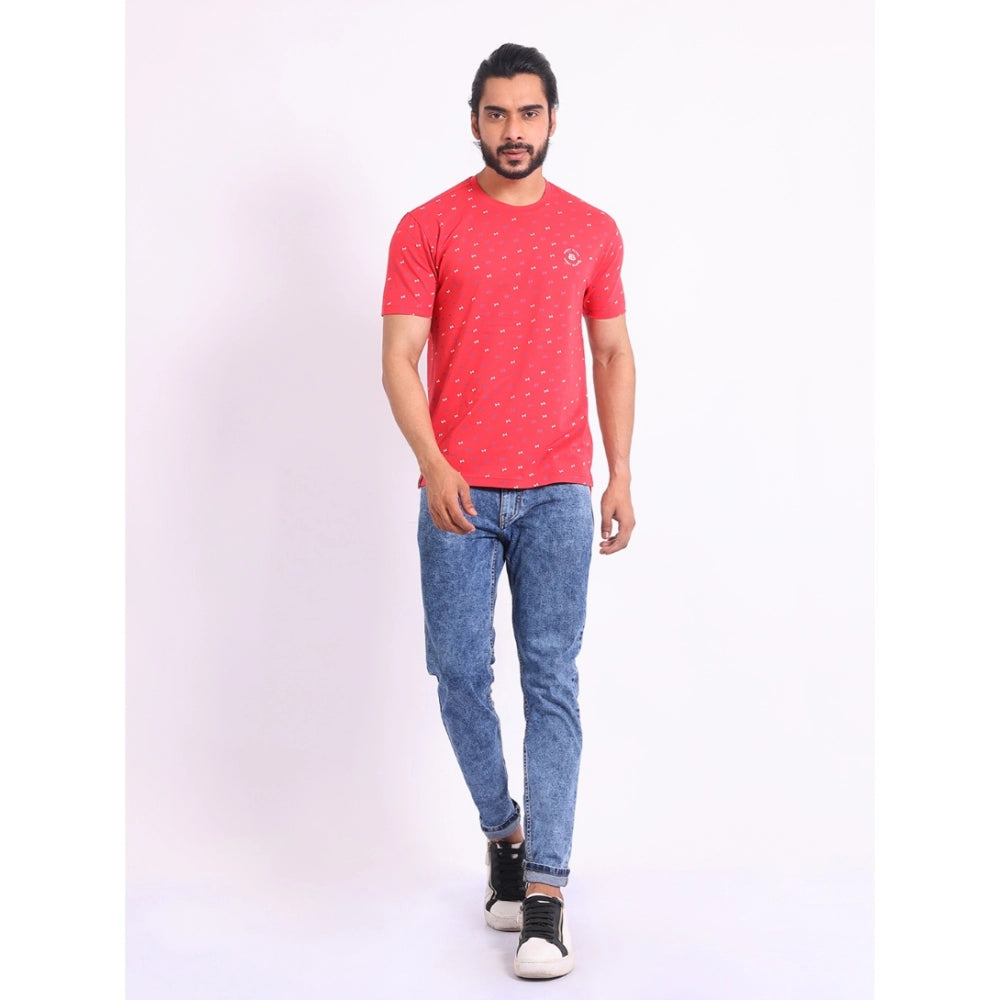 PKRKART Men's Casual Cotton Printed Round Neck Half Sleeve T-Shirt (Red)