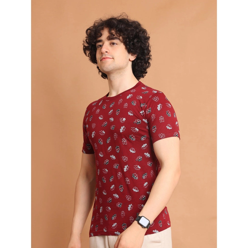 PKRKART Men's Casual Cotton Printed Round Neck Half Sleeve T-Shirt (Maroon)