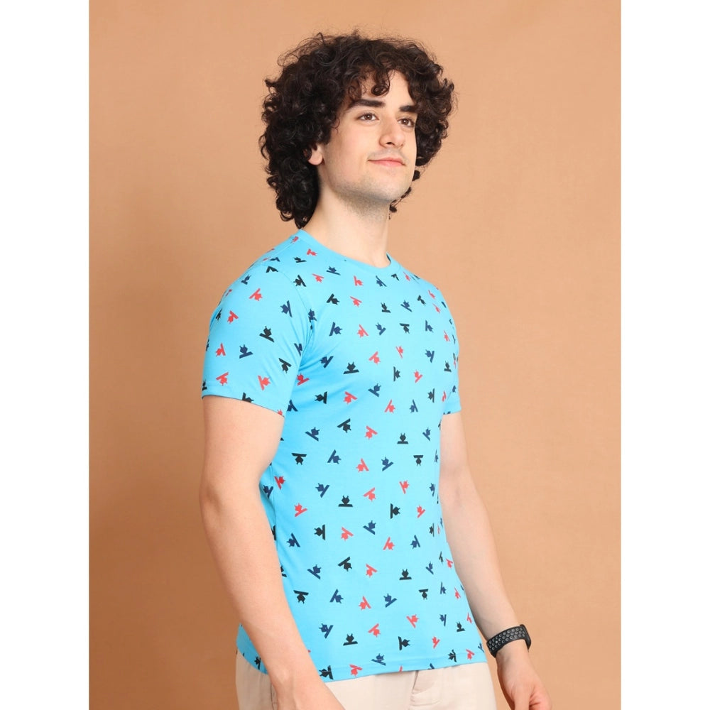 PKRKART Men's Casual Cotton Printed Round Neck Half Sleeve T-Shirt (Skyblue)