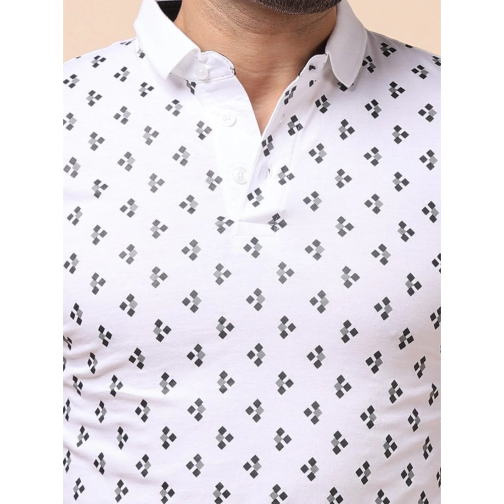PKRKART Men's Casual Cotton Printed Polo Neck Half Sleeve T-Shirt (White)