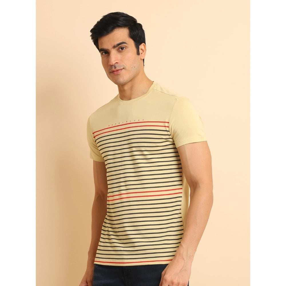 PKRKART Men's Casual Cotton Printed Round Neck Half Sleeve T-Shirt (Beige)