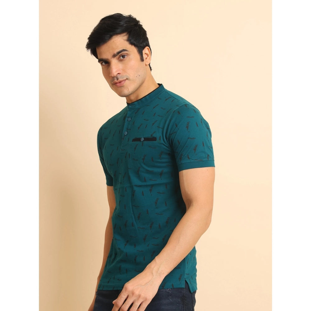 PKRKART Men's Casual Cotton Printed Mandarin Collar Half Sleeve T-Shirt (Green)