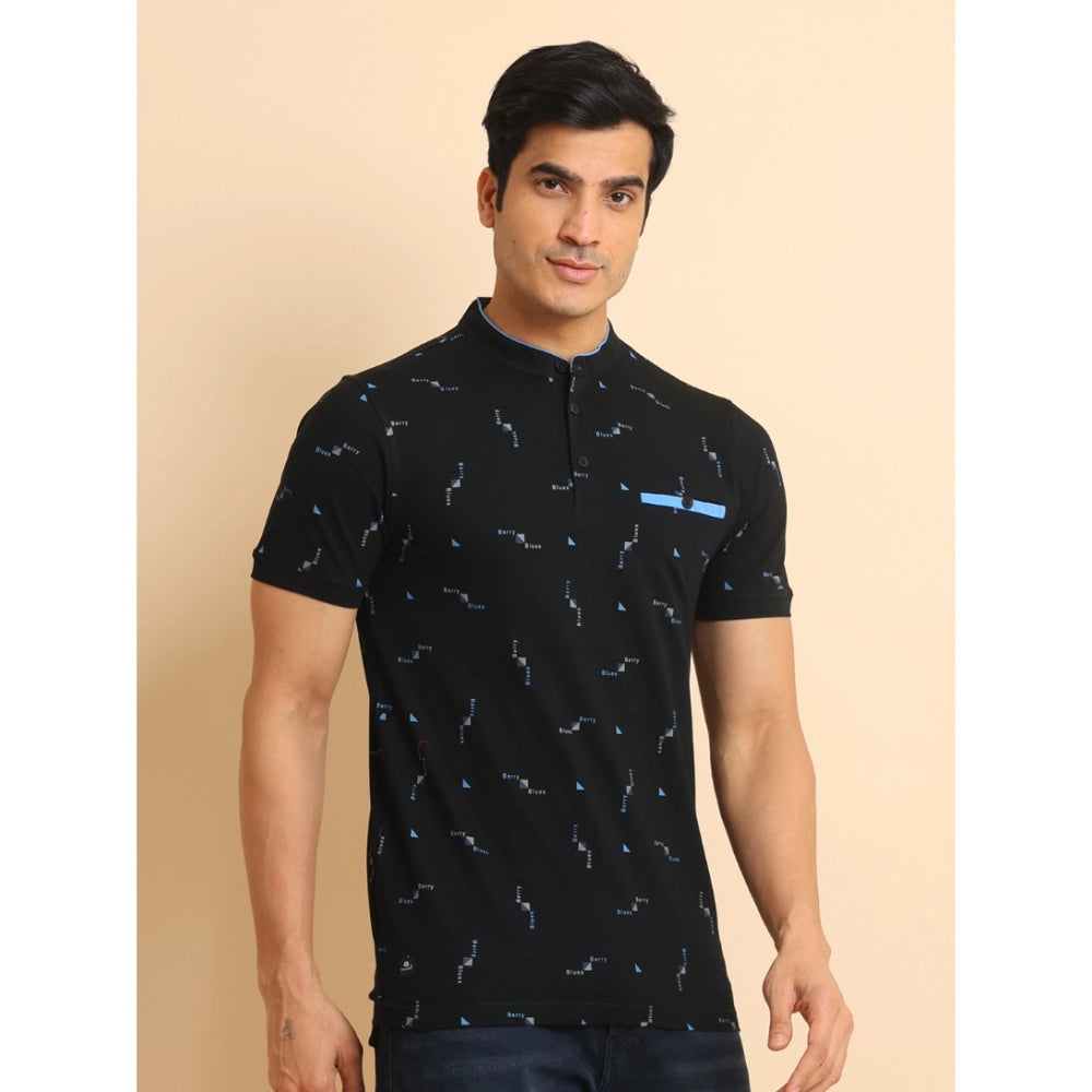 PKRKART Men's Casual Cotton Printed Mandarin Collar Half Sleeve T-Shirt (Navy)