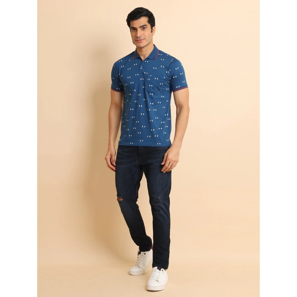PKRKART Men's Casual Cotton Printed Polo Neck Half Sleeve T-Shirt (Blue)