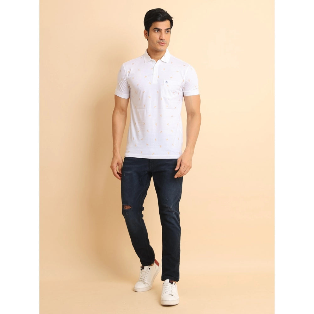 PKRKART Men's Casual Cotton Printed Polo Neck Half Sleeve T-Shirt (White)