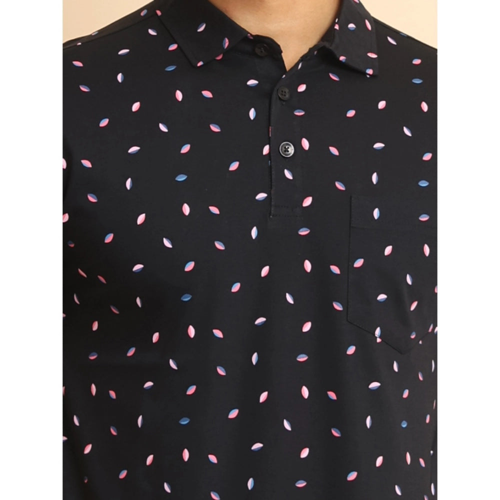 PKRKART Men's Casual Cotton Printed Polo Neck Half Sleeve T-Shirt (Black)