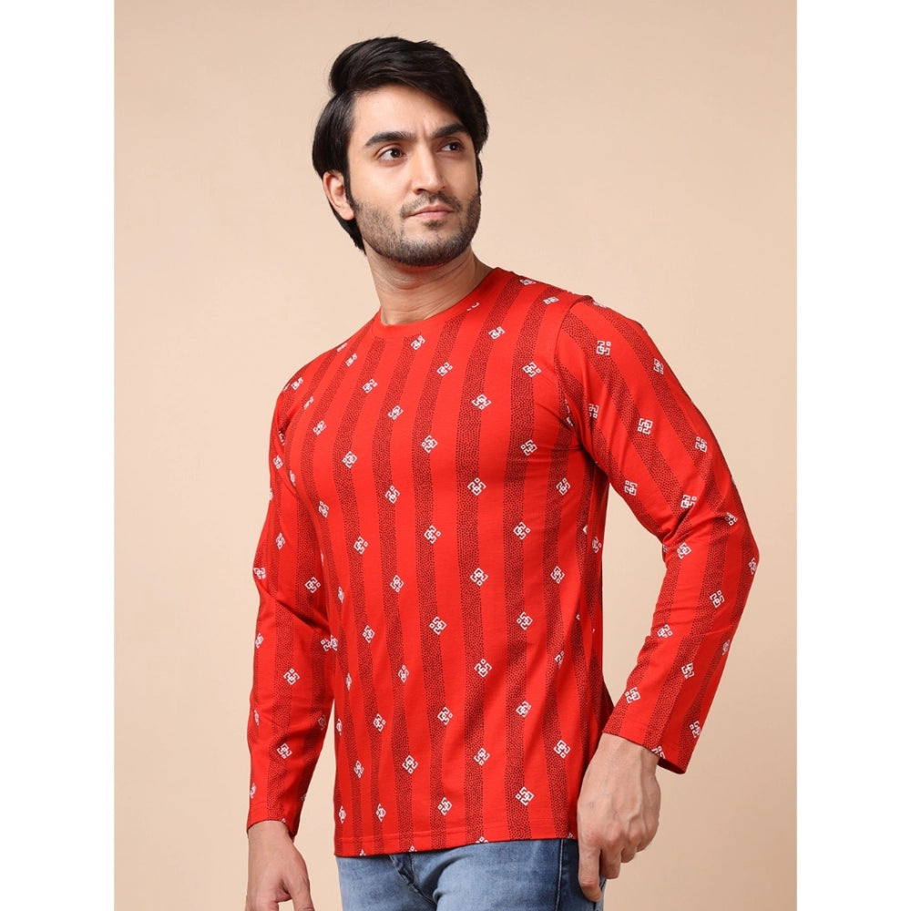 PKRKART Men's Casual Cotton Printed Round Neck Full Sleeve T-Shirt (Red)
