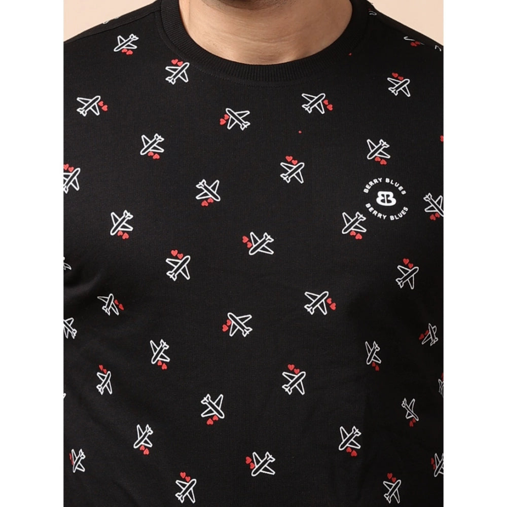 PKRKART Men's Casual Cotton Printed Round Neck Full Sleeve Sweat T-Shirt (Black)