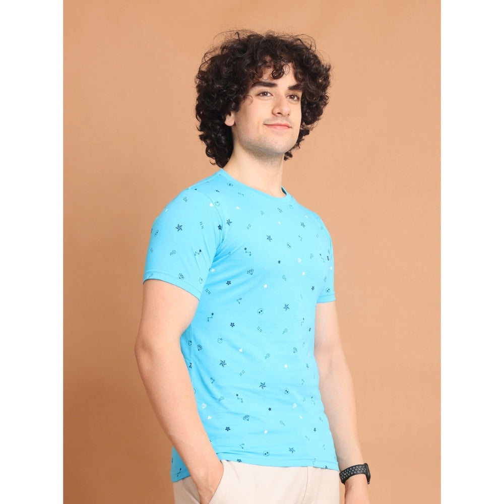 PKRKART Men's Casual Cotton Printed Round Neck Half Sleeve T-Shirt (Skyblue)