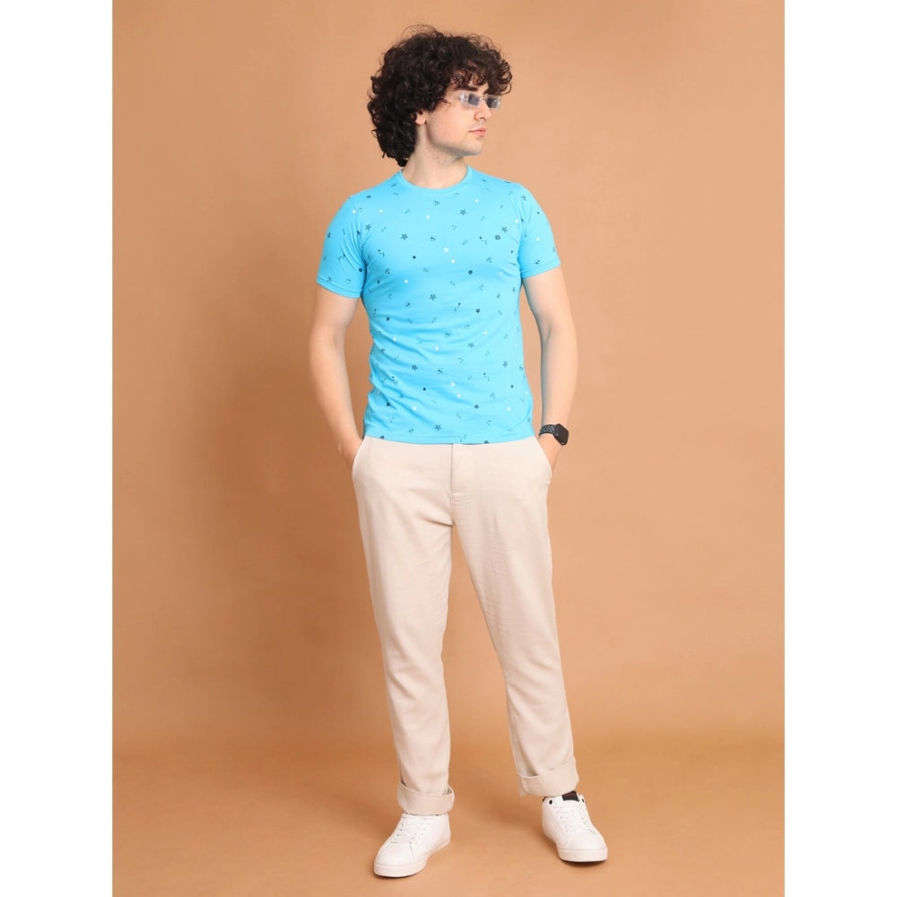 PKRKART Men's Casual Cotton Printed Round Neck Half Sleeve T-Shirt (Skyblue)