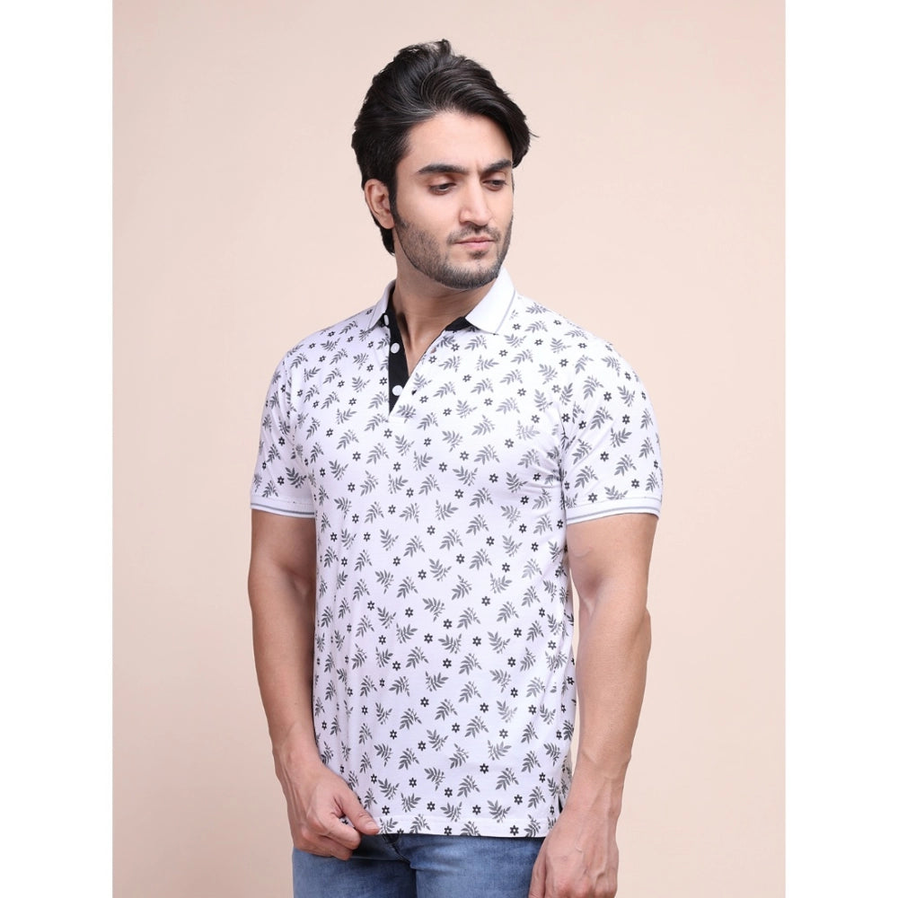 PKRKART Men's Casual Cotton Printed Polo Neck Half Sleeve T-Shirt (White)