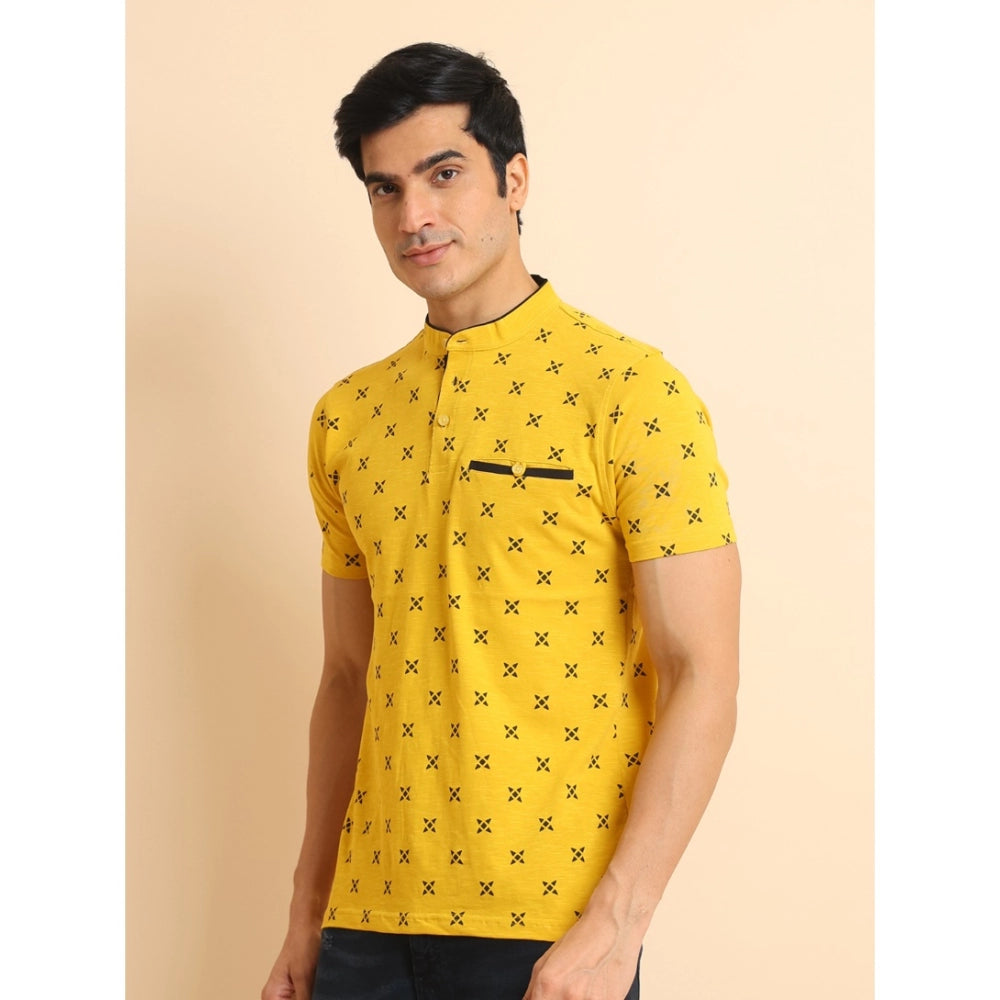 PKRKART Men's Casual Cotton Printed Mandarin Collar Half Sleeve T-Shirt (Mustard)