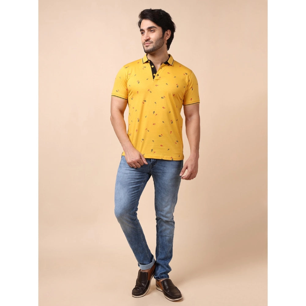 PKRKART Men's Casual Cotton Printed Polo Neck Half Sleeve T-Shirt (Mustard)