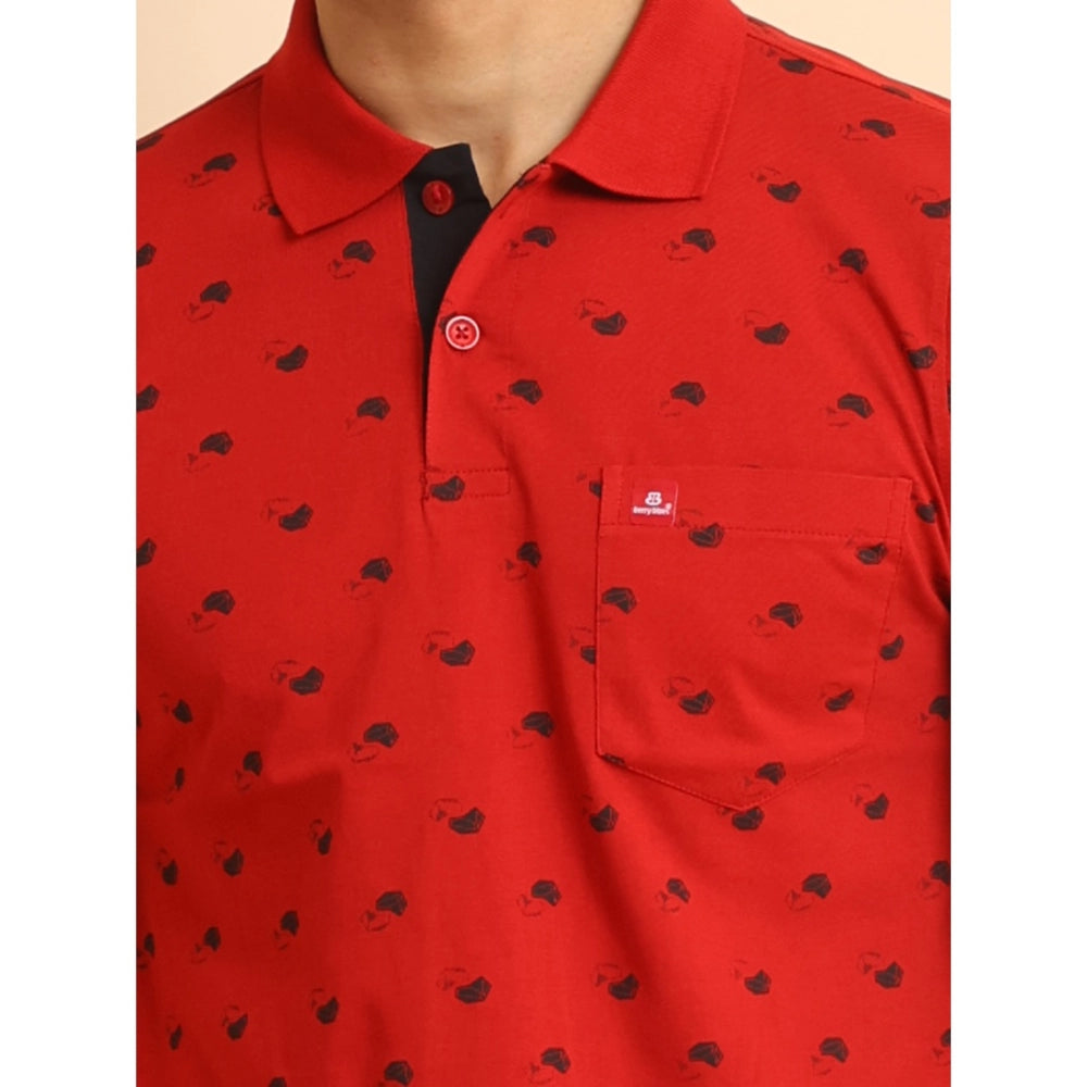 PKRKART Men's Casual Cotton Printed Polo Neck Half Sleeve T-Shirt (Red)