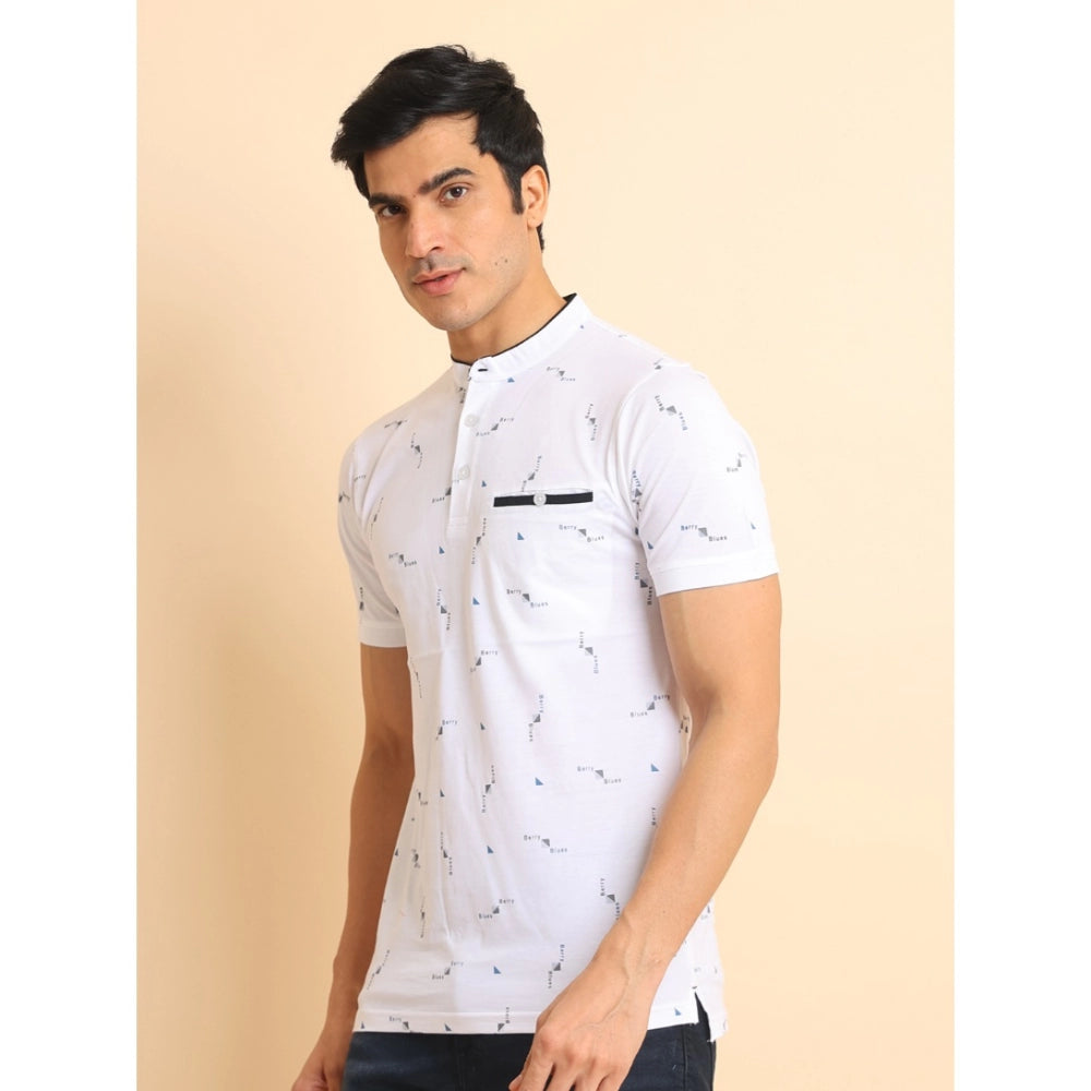 PKRKART Men's Casual Cotton Printed Mandarin Collar Half Sleeve T-Shirt (White)