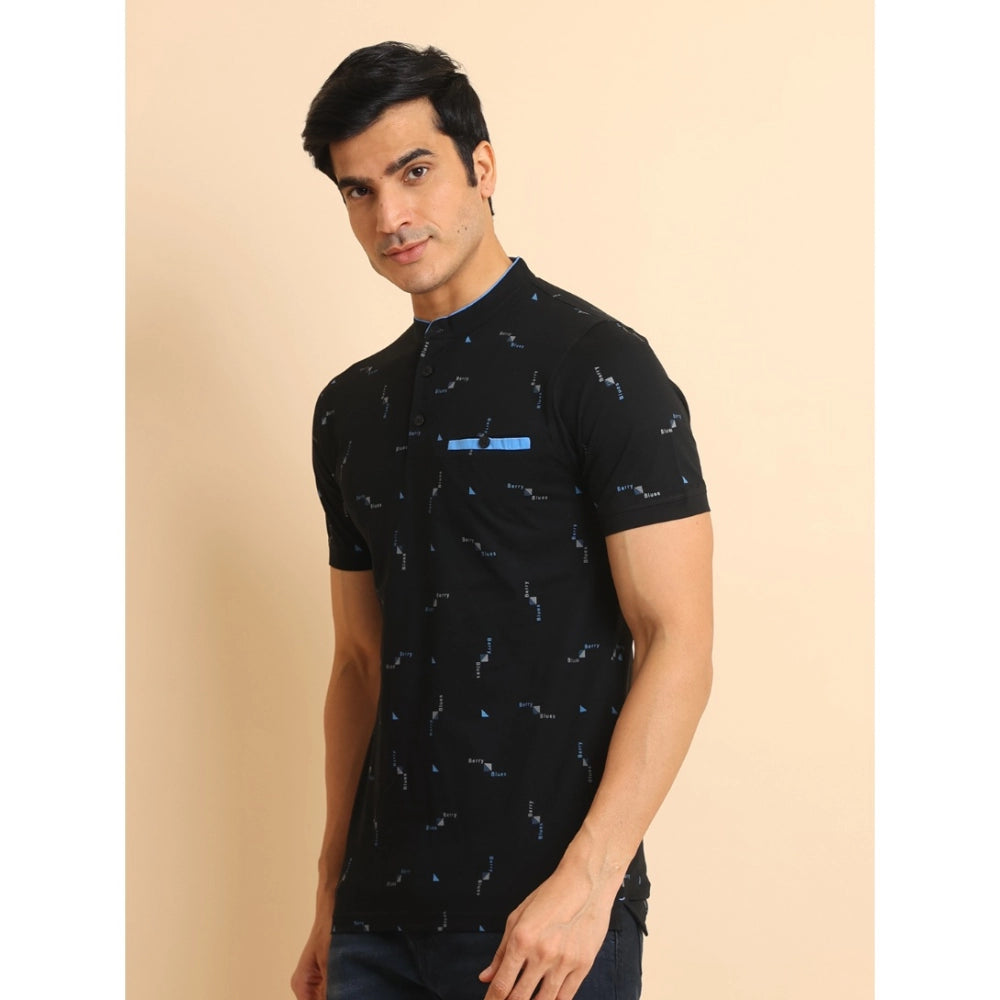 PKRKART Men's Casual Cotton Printed Mandarin Collar Half Sleeve T-Shirt (Navy)