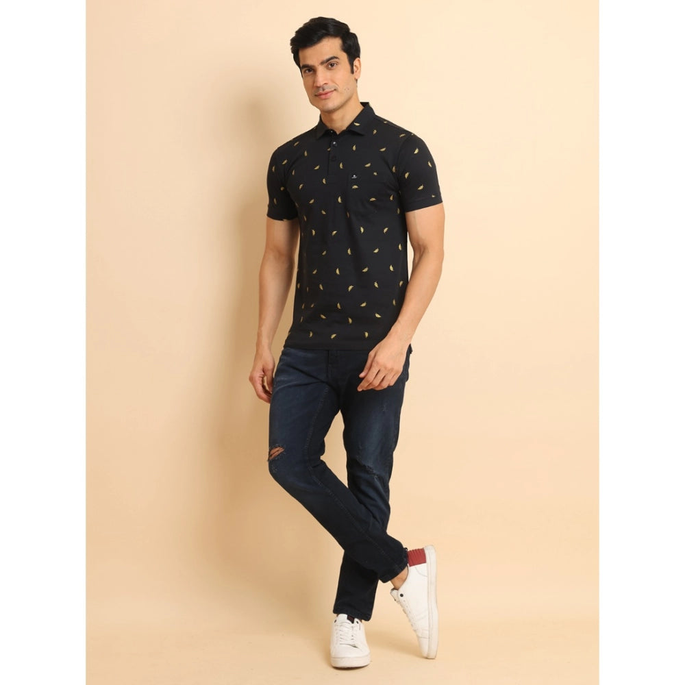 PKRKART Men's Casual Cotton Printed Polo Neck Half Sleeve T-Shirt (Black)