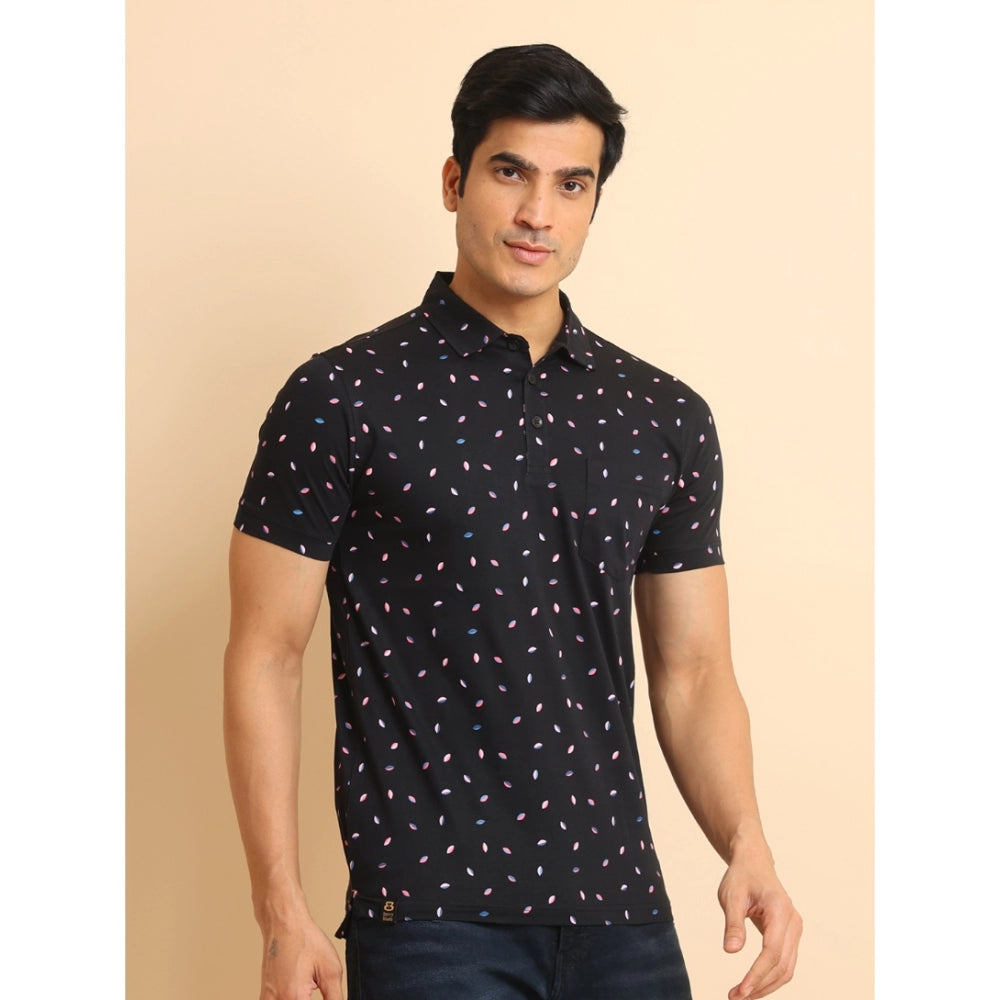 PKRKART Men's Casual Cotton Printed Polo Neck Half Sleeve T-Shirt (Black)