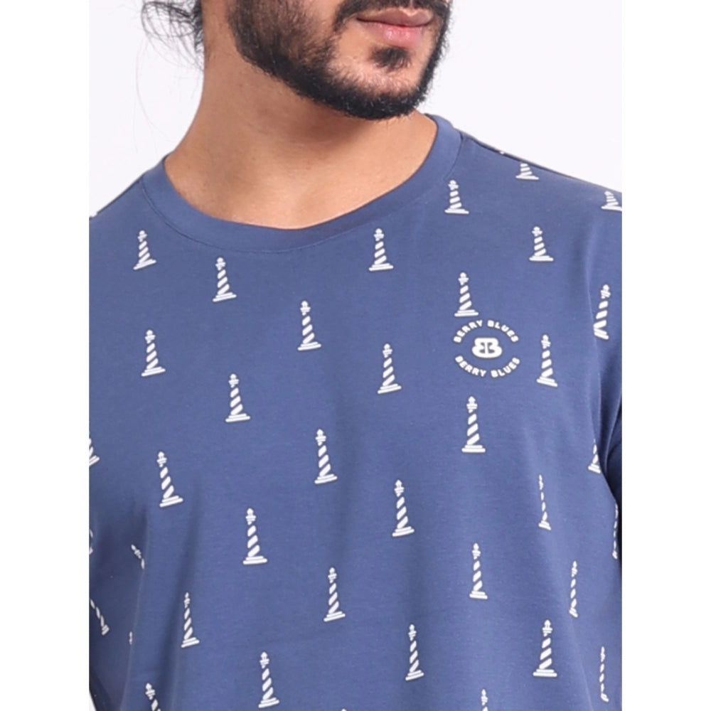 PKRKART Men's Casual Cotton Printed Round Neck Half Sleeve T-Shirt (Blue)