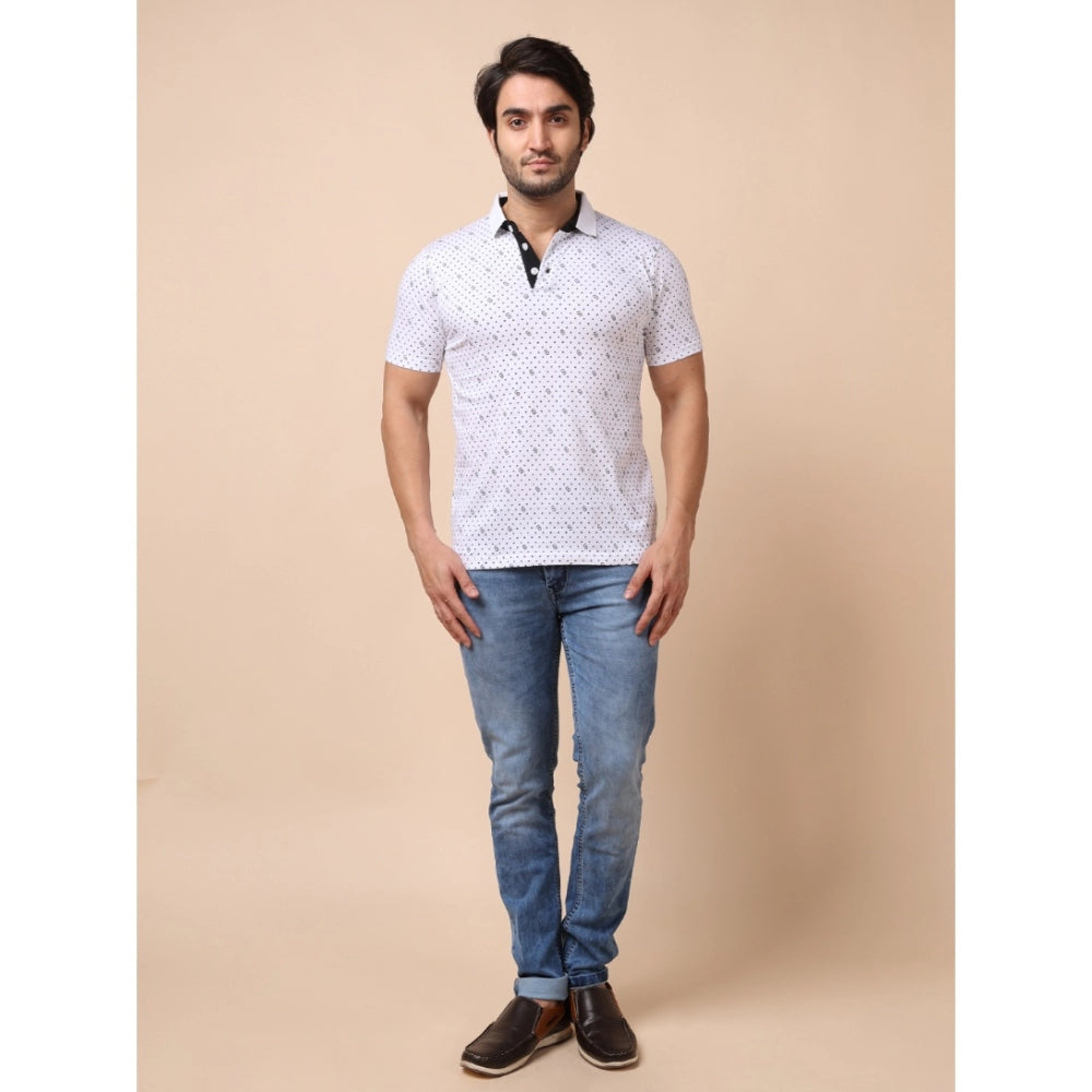 PKRKART Men's Casual Cotton Printed Polo Neck Half Sleeve T-Shirt (White)