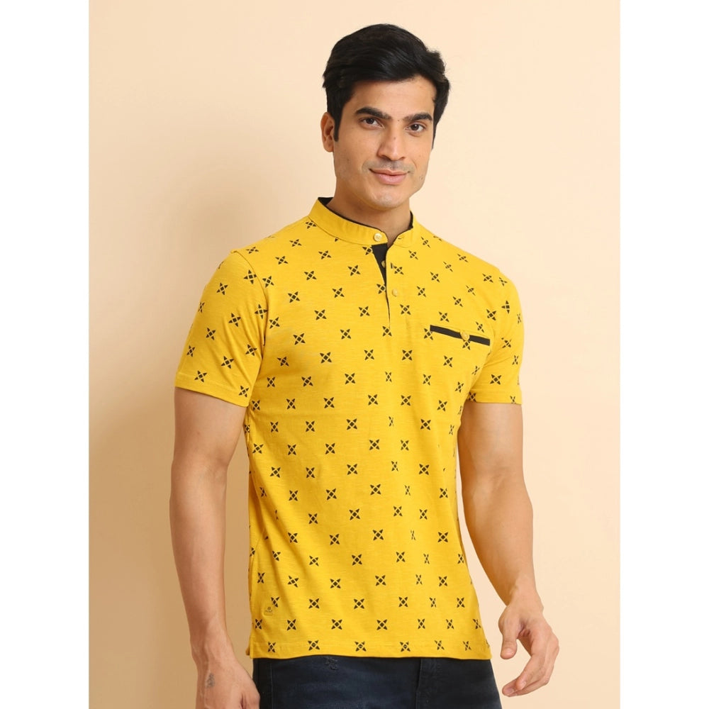 PKRKART Men's Casual Cotton Printed Mandarin Collar Half Sleeve T-Shirt (Mustard)