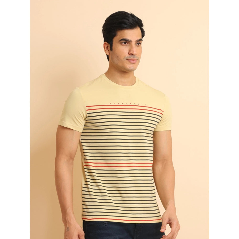 PKRKART Men's Casual Cotton Printed Round Neck Half Sleeve T-Shirt (Beige)