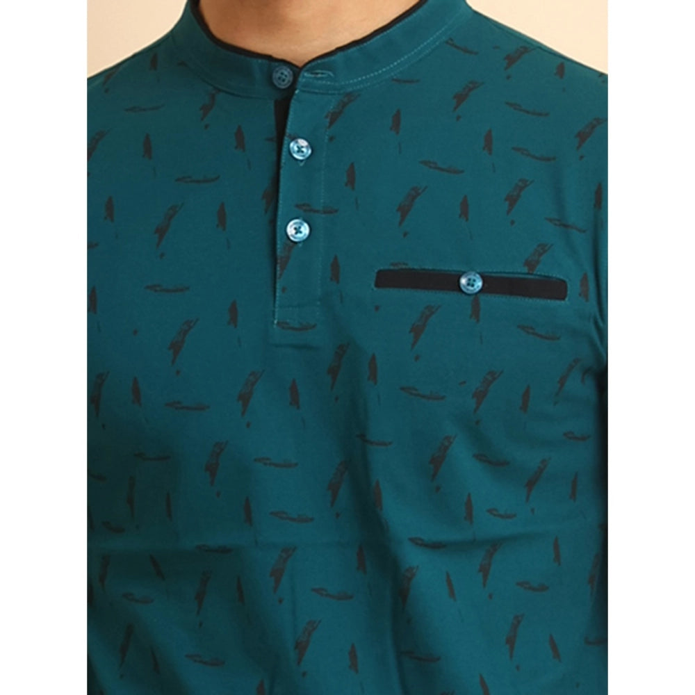 PKRKART Men's Casual Cotton Printed Mandarin Collar Half Sleeve T-Shirt (Green)