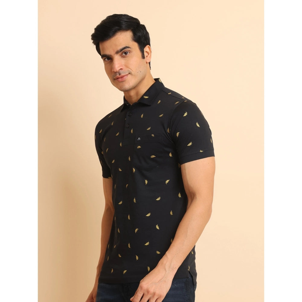 PKRKART Men's Casual Cotton Printed Polo Neck Half Sleeve T-Shirt (Black)