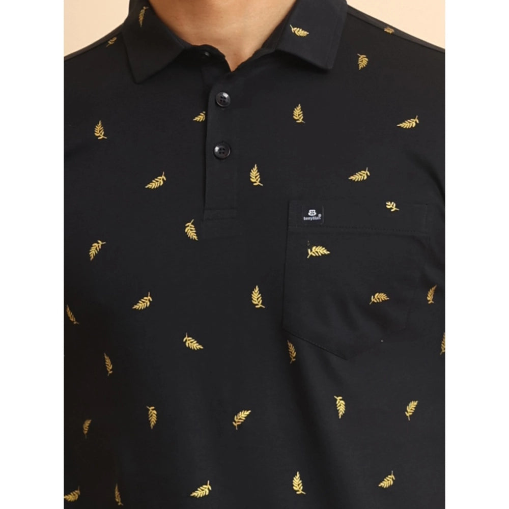 PKRKART Men's Casual Cotton Printed Polo Neck Half Sleeve T-Shirt (Black)
