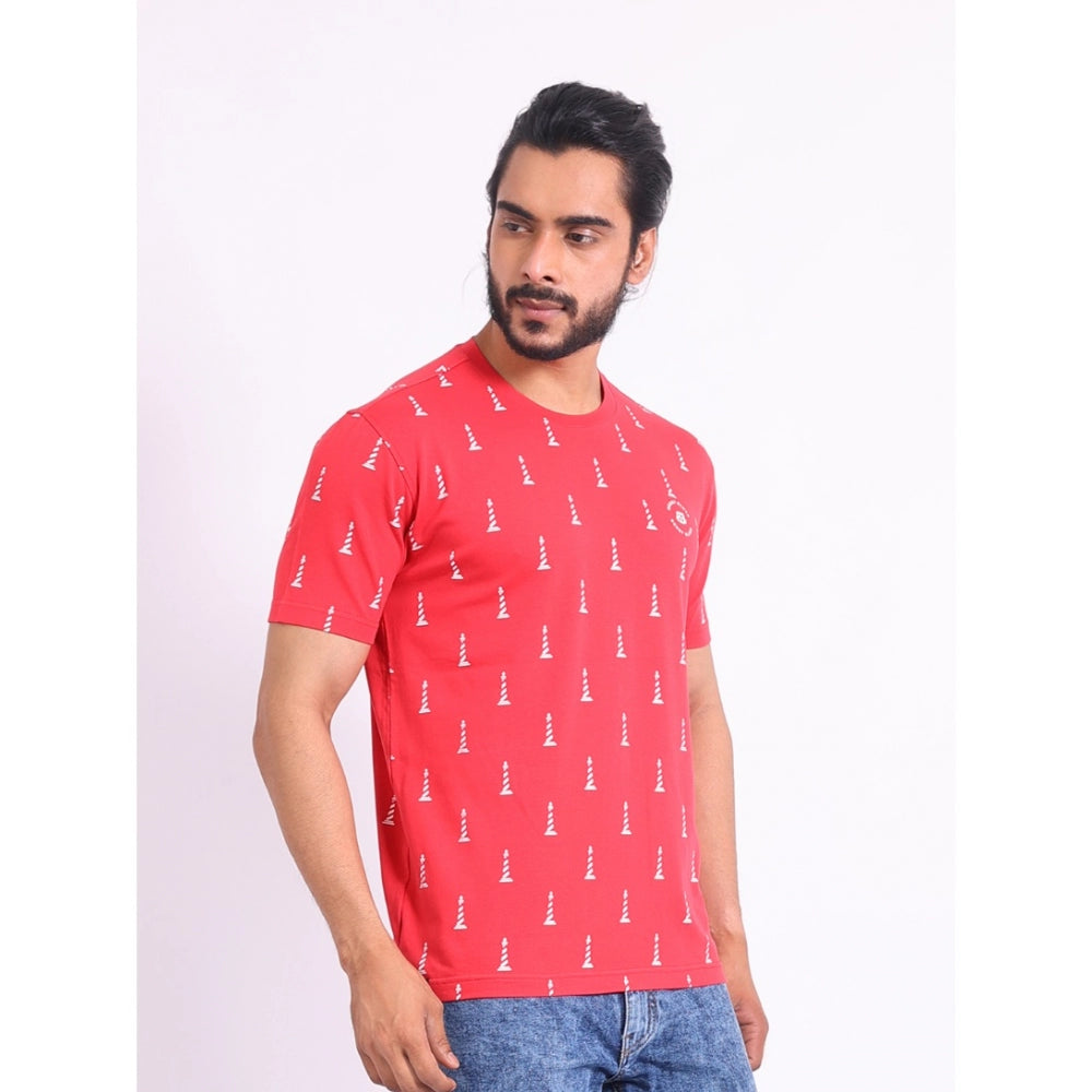 PKRKART Men's Casual Cotton Printed Round Neck Half Sleeve T-Shirt (Red)