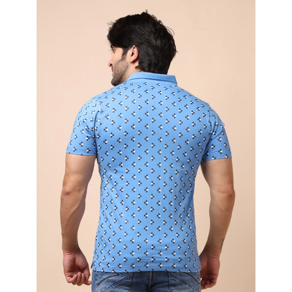 PKRKART Men's Casual Cotton Printed Polo Neck Half Sleeve T-Shirt (Blue)