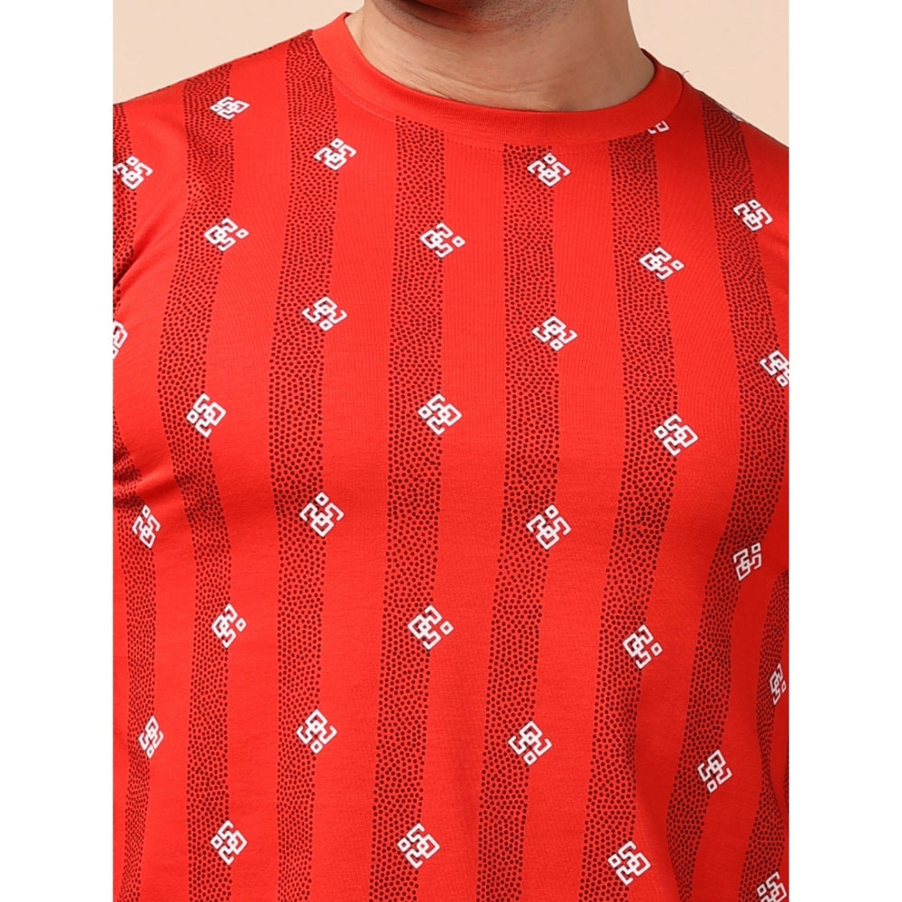 PKRKART Men's Casual Cotton Printed Round Neck Full Sleeve T-Shirt (Red)